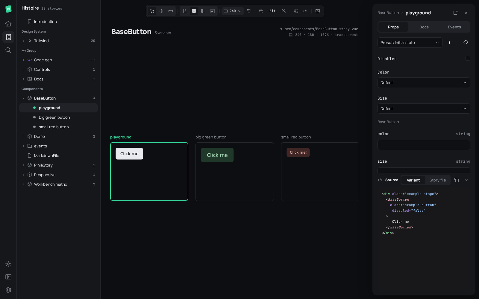 Histoire workbench with story variants, canvas tools and editable props