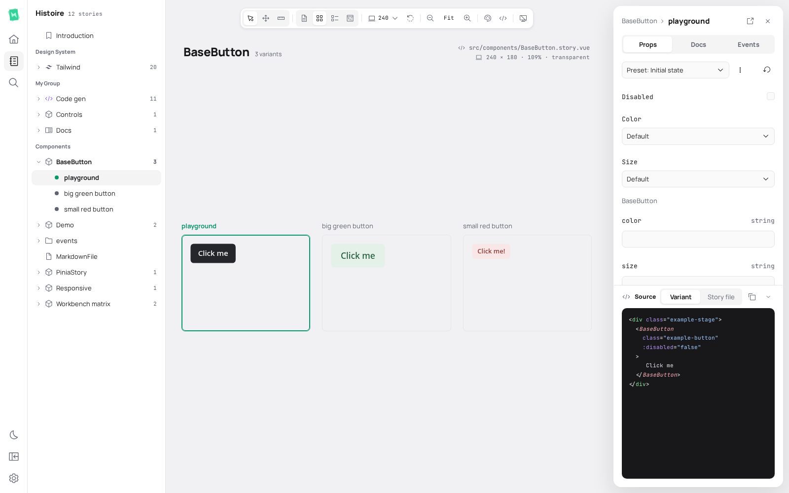 Histoire workbench with story variants, canvas tools and editable props